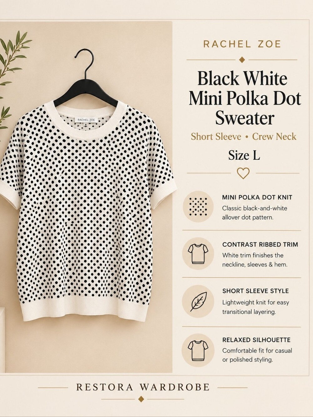 Rachel Zoe Black White Mini Polka Dot Short Sleeve Sweater Preppy L